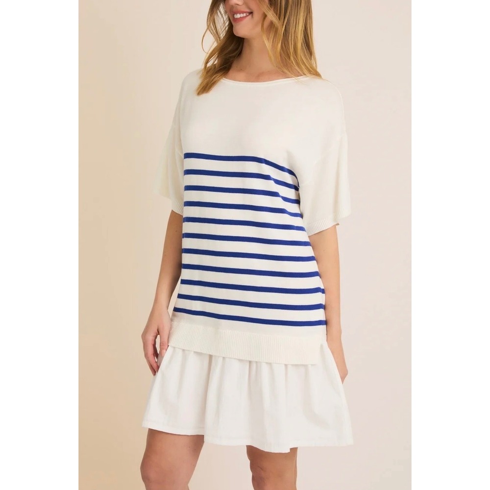 Gilli Womens Blue‎ White Striped Short Sleeve Ruffle Hem Sweater Mini Dress S